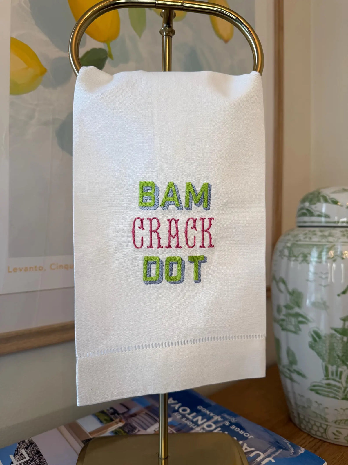 Mahjong Bam Crack Dot Embroidered Linen Hand Towel