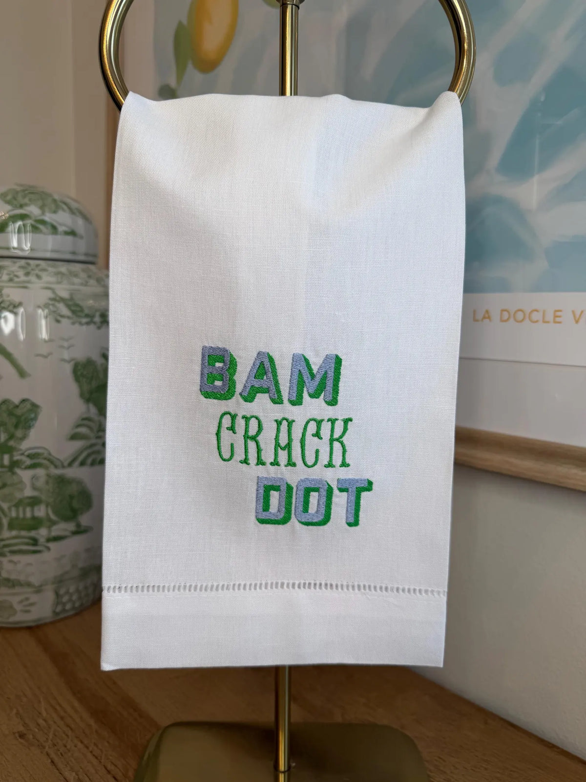 Mahjong Bam Crack Dot Embroidered Linen Hand Towel